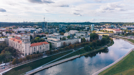 Aerial View of Vilnius City Center and Neris River, Lithuania