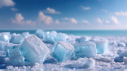 Icy Landscape with Blue Ice Cubes on a Sunny Winter Day Detailed Texture and Sparkling Frost Coastal Scenery with Turquoise Water and Cloudy Sky