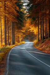 winding road leading into distance surrounded by stunning autumn forest adorned with colorful leaves