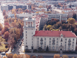 Aerial View of Vilnius City Center and Old Soviet Building, Lithuania