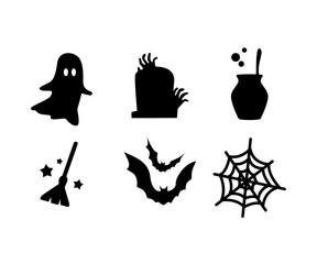 Halloween silhouette set featuring ghost, grave, potion, broom, bats, and spider web in spooky style.