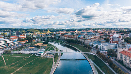 Aerial View of Vilnius City Center, White Bridge - Baltasis Tiltas and Neris River, Lithuania