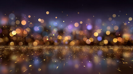 Obraz premium Golden blurred bokeh lights on black background. Glitter sparkle stars for celebrate. Overlay for your design