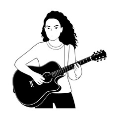 Black and white line art of a cool woman playing guitar in casual outfit minimalist stylish illustration