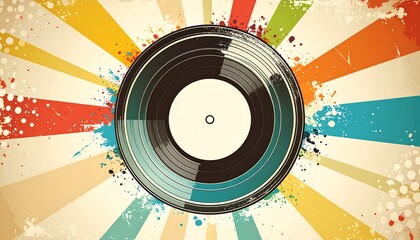 Retro vinyl record graphic with sunburst and splatters