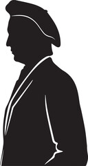 man wearing beret and jacket silhouette vector, black and white silhouette vector illustration