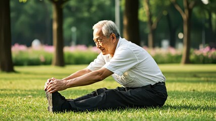 Elderly man stretching while sitting on grass in a sunny park - Powered by Adobe