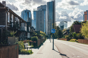 Vilnius City Center, Modern Skyscrapers and Wooden Old Houses. Lithuania