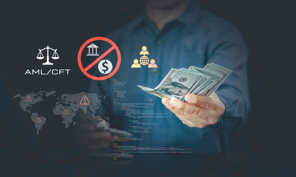 AML Anti Money Laundering and CFT Countering the Financing of Terrorism compliance concept. Abstract regulation background symbolizing law, finance, and prevention of illicit money flows.