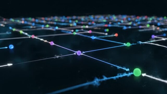 Futuristic Digital Network with Glowing Nodes and Pathways Showcasing Data Flow and Connectivity in High Tech Environment Featuring Blue Sphere and Arrows Symbolizing Motion and Convergence