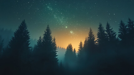 forest at night, snow with colorful sky