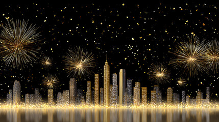 Fireworks over cityscape for Happy New Year and Merry Christmas. Festive holiday celebration with lights and winter atmosphere.
