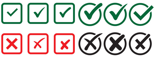 Check mark icon set. Check box icon with right and wrong buttons and yes or no checkmark icons in green tick box and red cross. vector illustration . © Top