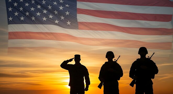 Dramatic sunset silhouettes of US soldiers saluting under waving American flag.