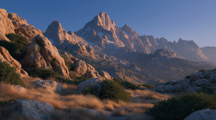 Majestic Mountain Range in the Morning Light: A breathtaking vista unfolds, as the rugged peaks of the mountain range pierce the sky, bathed in the warm glow of the morning sun.