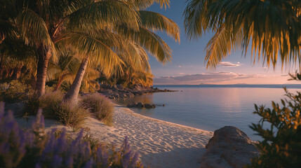 Tropical Paradise at Dusk: Tranquil tropical beach scene with palm tree silhouettes framing a calm ocean under a soft sunset sky. Experience the essence of a relaxing escape to a secluded beach.