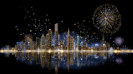 Cityscape with fireworks reflecting on water. Festive celebration, New Year, and holiday concept. Vector illustration.