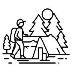 Obraz premium Line Art Illustration of a Hiker Camping in the Wilderness