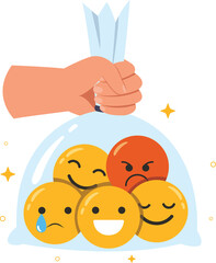 Vector illustration of a hand holding a transparent plastic bag with an emoticon symbol. Concept of emotional and mental health.