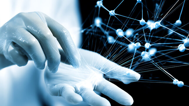 Scientist examining a glowing molecular structure with gloved hands in a high-tech laboratory setting