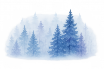 Winter forest artwork with snow-covered pine trees in watercolor style, cold blue misty landscape illustration