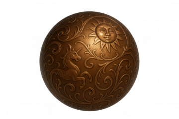 Bronze sphere ornament with sun and unicorn mythological bas-relief carving for fantasy and decorative arts concepts