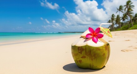 Refreshing Coconut Drink on a Tropical Sandy Beach with Azure Ocean Waves