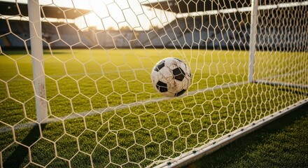 Soccer ball in the net during a stadium game with blurred background action