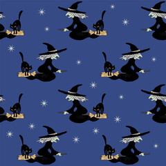 Witches with black cats fly on brooms. Night sky background. Seamless pattern, hand drawn vector.