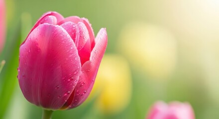 Beautiful Close Up Of A Pink Tulip With Water Droplets In Spring Sunlight