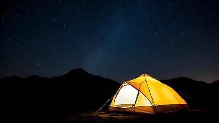 Cozy tent glowing under a starry night sky, with mountain silhouettes in the background.

