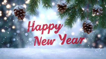 Happy New Year greeting over snowy landscape with fir branches and pine cones. Festive winter holiday and seasonal celebration concept.
