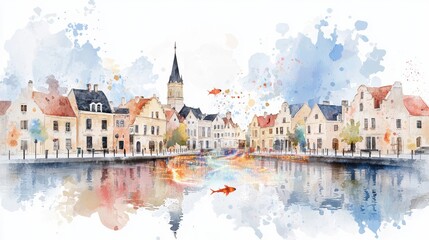 Fototapeta premium A Stunning Watercolor Painting of a City Highlighting Digital Transformation and Vibrant Colors