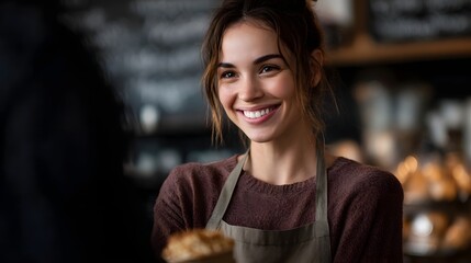 A cheerful woman wearing an apron smiles while presenting a baked good in a cafe setting