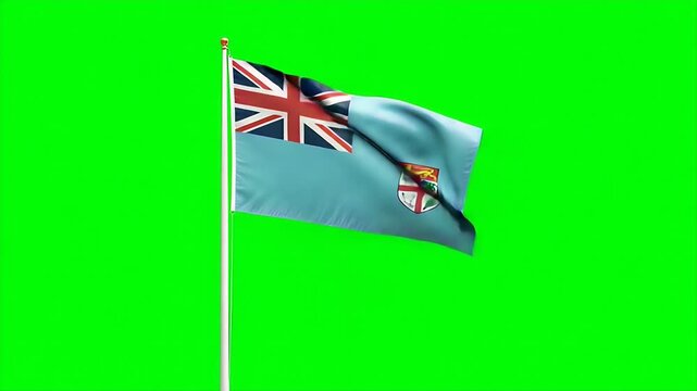 Dynamic waving flag of Fiji against vibrant green screen backdrop offers versatile visual storytelling for global news and travel content