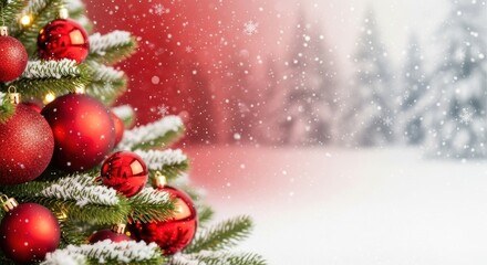 Beautifully Decorated Christmas Tree with Red Ornaments and Gentle Snowfall in Winter Forest