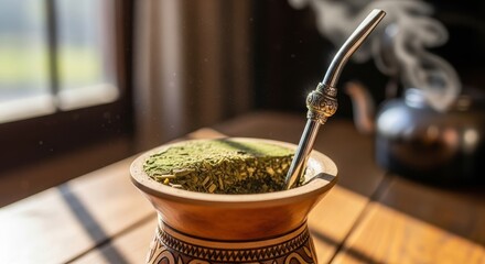 Warm Steam Rises From a Wooden Cup Filled With Yerba Mate and a Metal Straw