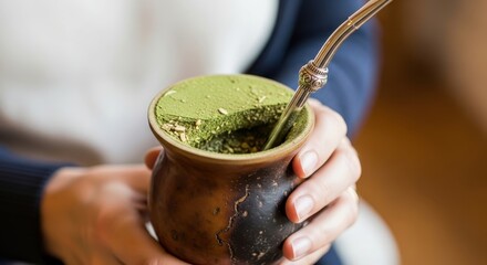 Enjoying Traditional Yerba Mate Beverage with Bombilla and Gourd