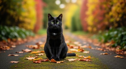 A Majestic Black Cat Sits Proudly on an Autumnal Path Surrounded by Falling Leaves