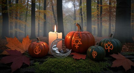Enchanted Autumn Forest Scene With Carved Pumpkins And Mystical Symbols Lit By Candlelight