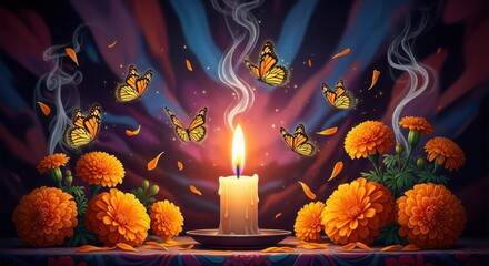 A Vibrant Day of the Dead Celebration with Monarch Butterflies and Marigolds