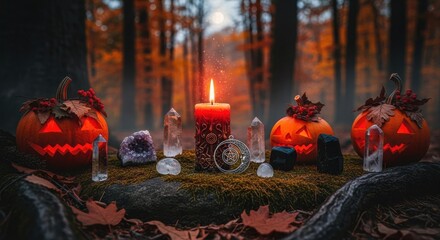 Mystical Autumnal Altar Setup with Carved Pumpkins Crystals and Burning Candle Enchanting Forest Scene