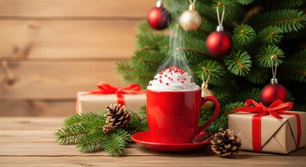 Warm Festive Hot Chocolate with Whipped Cream and Sprinkles Next to Christmas Tree and Gifts