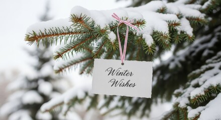 Winter Wishes Written on a Card Hanging From a Snowy Tree Branch