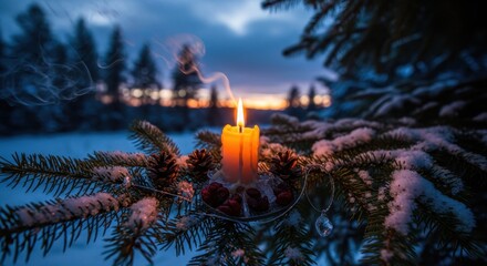 A Single Candle Glows Warmly Amidst a Snowy Winter Landscape at Dusk
