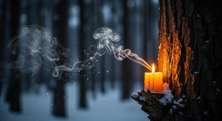 A Single Candle Flickers Mysteriously in a Snowy Forest