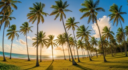 Golden Hour Sunset Over Tropical Beach Palms Swaying Gently in the Warm Ocean Breeze