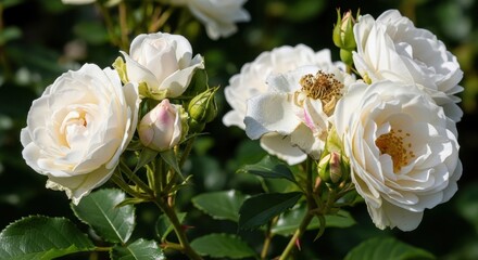 Delicate White Roses Blooming in a Garden on a Sunny Day