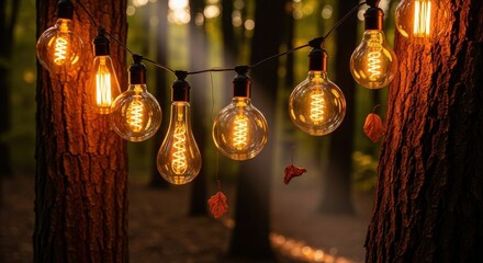 Magical Forest Ambiance Enhanced by Warm String Lights Among Trees