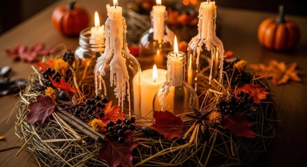 Enchanting Autumnal Centerpiece with Dripping Candles and Fall Foliage